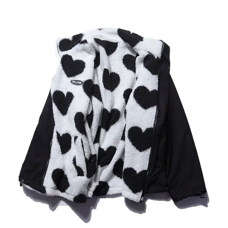 Daria - Women's Reversible Heart Print Fleece Jacket